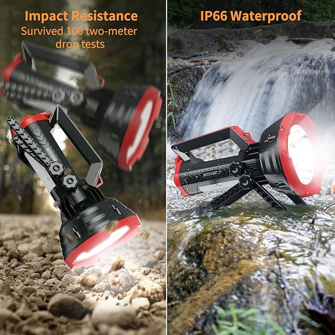 BUYSIGHT Rechargeable Spotlight Flashlight, 1000,000 lumens 600 Yards Range IP65 Waterproof Spot Lights Handheld Large searchlight with red Lens Side Flood Light Light USB C Recharge (Crimson Plus)