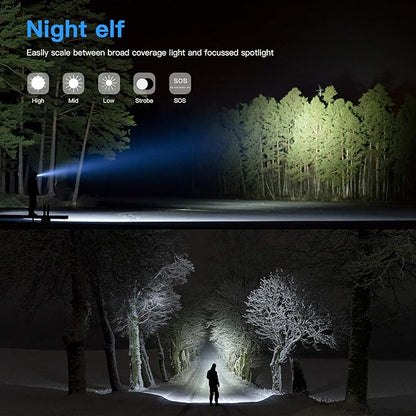 LED Tactical Flashlight S1000, Handheld Flashlights 5 Modes, Zoomable, Water Resistant Camping Outdoor Hiking Flashlights Emergency (Batteries Not Included), Black