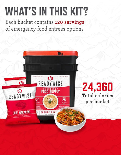 READYWISE - Emergency Food Supply Bucket, 120 Servings, MRE Meal Food Supply, Premade, Freeze Dried Survival Food for Hiking, Adventure & Camping Essentials, Individually Packaged, 25 Year Shelf Life