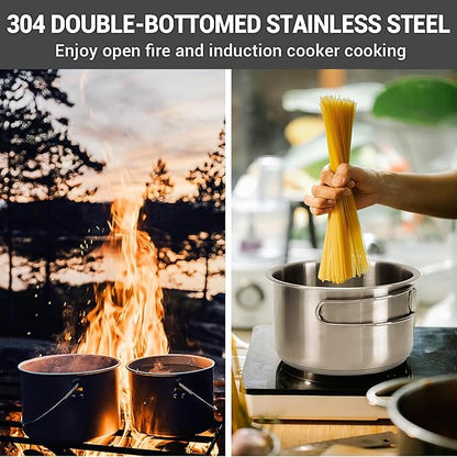 KingCamp Camping Cookware Set 304 Stainless Steel Campfire Cooking Pots Pan and Kettle with Travel Tote Bag for Camping Outdoor Kitchen Cooking Picnic for 4-6