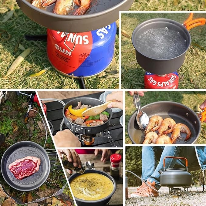 12pcs Camping Cooking Set, Camping Pots and Pans Set with Kettle Compass Hook Flint Plastic Bowls and Soup Spoon for Camping, Backpacking, Hiking, Outdoor Cooking and Picnic