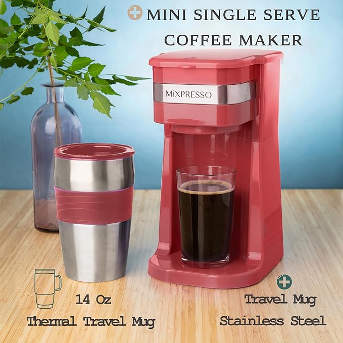 Mixpresso Personal Single-Serve Coffee Maker & 14oz Travel Mug, Drip Small Tumbler With Auto Shut Off & Reusable Filter, Red, Compatible With Coffee Grounds