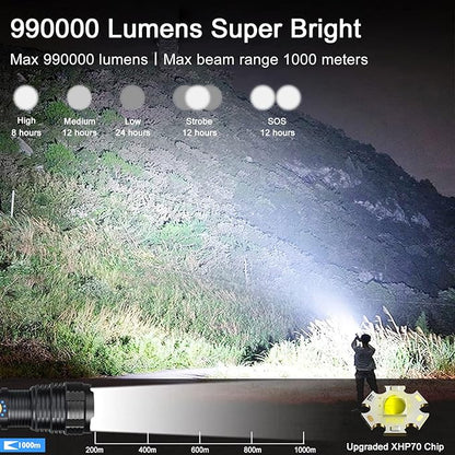 BengMxj Rechargeable LED Flashlights, 990000 High Lumens Flashlight, XHP70 Tactical Flashlight with Zoomable, 5 Modes, Super Bright Waterproof Flashlights for Emergencies, Camping, Hiking, Home