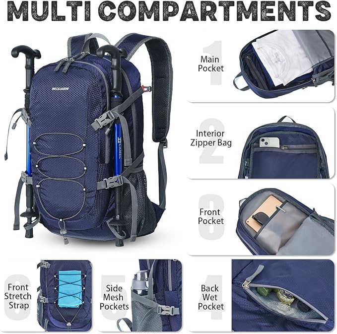 40L Lightweight Hiking Backpack Travel Packable Daypack for Women and Men, Navy Blue