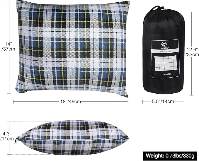 REDCAMP Small Camping Pillow Lightweight and Compressible, Flannel Travel Pillow with Removable Pillow Cover (Square Blue and Grey)