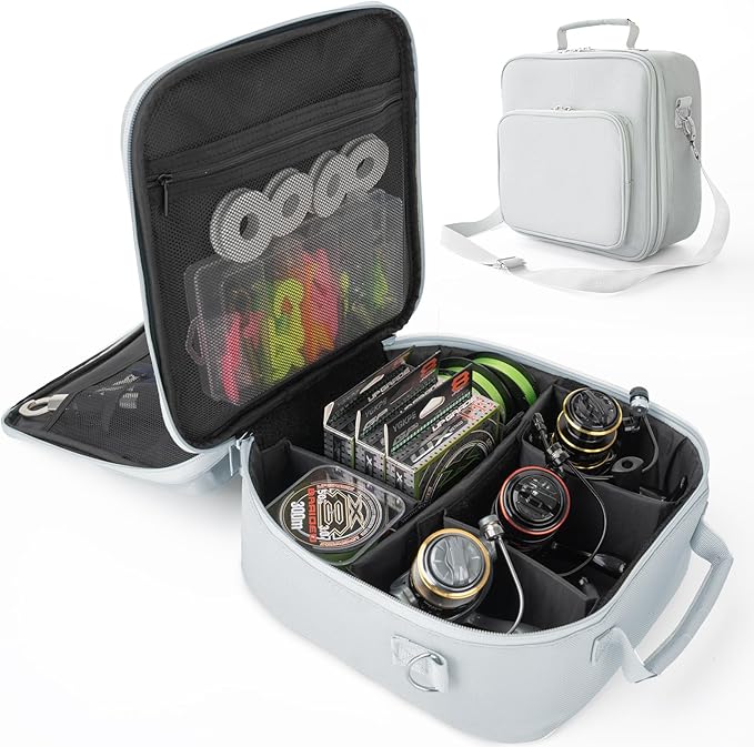 Fishing Reel Case with Shockproof Dividers & Multiple Pockets, Fathers Day Gift for Dad Men, Waterproof Fishing Tackle Bag for Spinning Baitcasting Fly Reels (Grey)