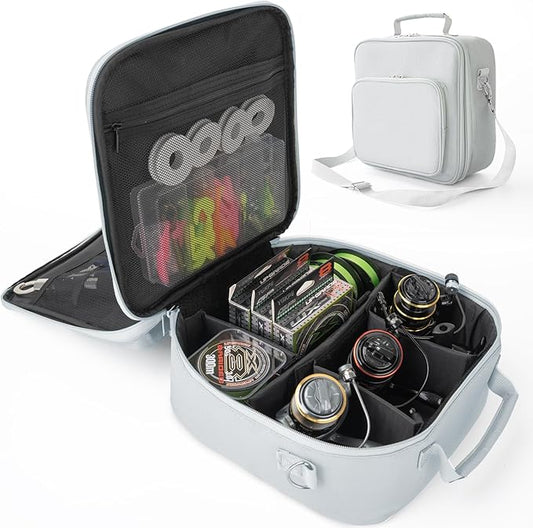 Fishing Reel Case with Shockproof Dividers & Multiple Pockets, Fathers Day Gift for Dad Men, Waterproof Fishing Tackle Bag for Spinning Baitcasting Fly Reels (Grey)