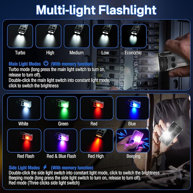 BORUIT V20 LED Small Powerful EDC Flashlight with Clip,180°Head Swivels,1000LM USB C Rechargeable Mini Pocket Keychain Flash Light with Red COB Light-14 Mode,IP67,Magnetic,110DB Buzzer(White)