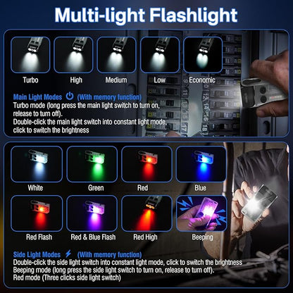 BORUIT V20 LED Small Powerful EDC Flashlight with Clip,180°Head Swivels,1000LM USB C Rechargeable Mini Pocket Keychain Flash Light with Red COB Light-14 Mode,IP67,Magnetic,110DB Buzzer(White)