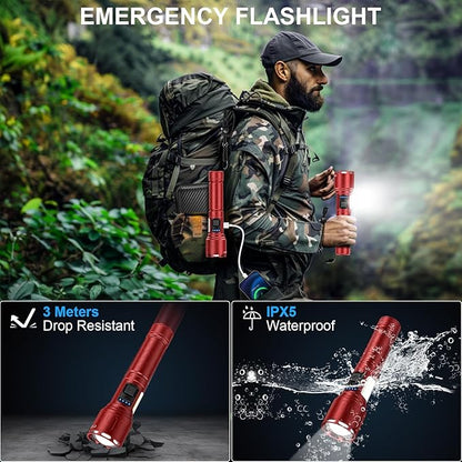 Flashlights 100,000 High Lumens Rechargeable - Super Bright LED Magnetic Flashlight with Sidelight 8 Modes Waterproof Powerful Handheld Flash Light for Emergency (1 Pack with Leather Box, Red)