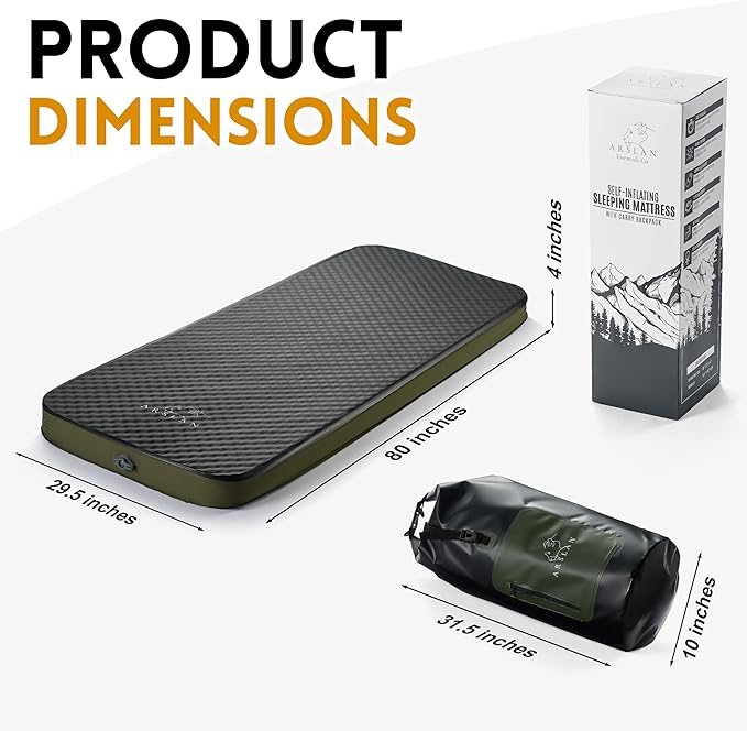 Self-Inflating Sleeping Pad – 4” Thick Memory Foam Camping Mattress with Waterproof Backpack – Portable Sleeping Mat for Backpacking, Tents, SUVs & Trucks