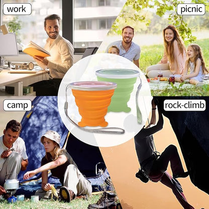 2 Pcs Collapsible Cup, Silicone Collapsible Travel Cup, Expandable Folding Camping Drinking Cup with Lids Reusable Small Portable Mugs Cup for Travel, Camping, Hiking,Outdoor Sports (Orange&Green)
