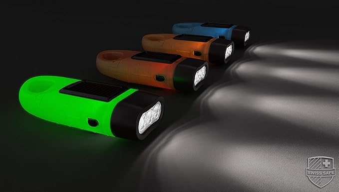 Swiss Safe Rechargeable Flashlight with Solar Power & Hand Crank : High Lumen LED's, Tactical Grip, Mini Keychain Carabiner for EDC & Outdoor Camping (Variety Pack)