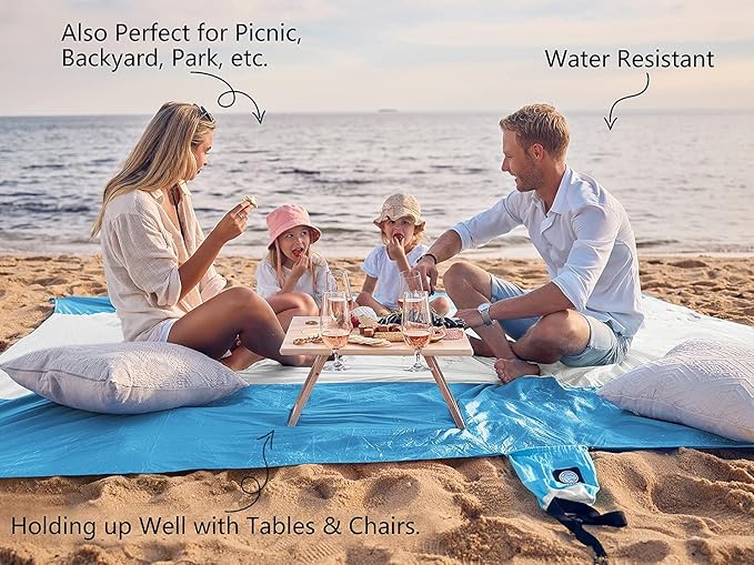 WEKAPO Beach Blanket Sandproof, Extra Large Beach Mat, Big & Compact Sand Free Mat Quick Drying, Lightweight & Durable with 6 Stakes & 4 Corner Pockets