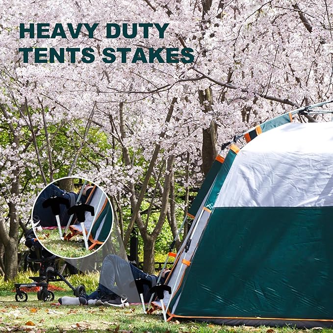 10PCS Screw in Tent Stakes Heavy Duty,8 Inch Screw in Tent Pegs,Metal Camping Stakes,with Hex Head Driver,Nail Lifter,Ropes,Camping Tent Accessories,Black
