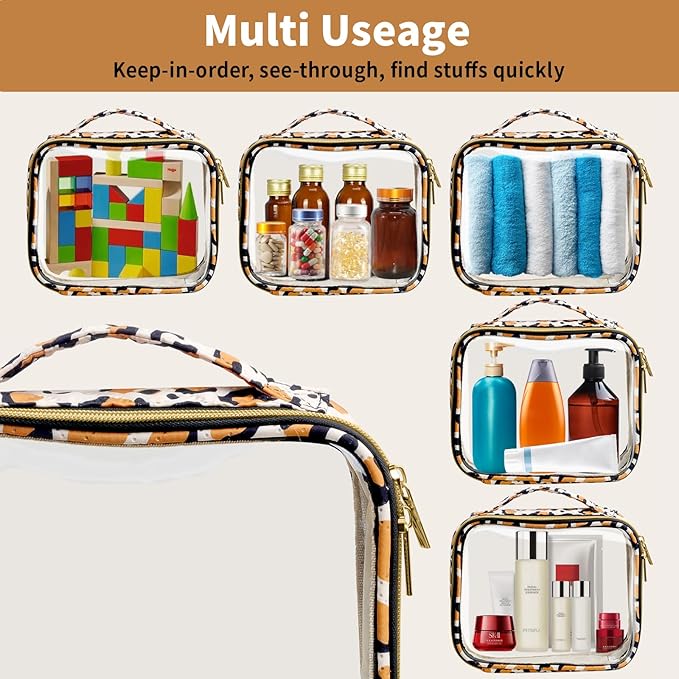 TSA Approved Travel Toiletry Bag,2 Pack Clear Makeup Bags with Handles,Quart Size Clear Cosmetic Bags for Traveling Women,Men,Carry on Airport Airline Compliant Bag,Leopard