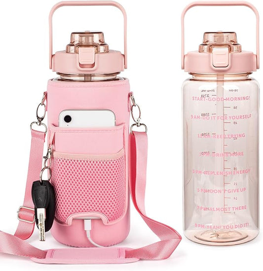 64oz Half Gallon Water Bottle With Sleeve, Water Bottles with Time Marker/Straw/Chug One Lids, Leakproof Tritan BPA Free Reusable Water Jug Easy Carry for Adult and Kids Gym Sports Outdoors