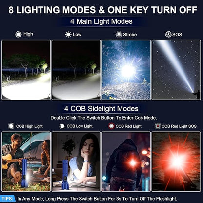 Flashlights 100,000 High Lumens Rechargeable - Super Bright LED Magnetic Flashlight with Sidelight 8 Modes Waterproof Powerful Handheld Flash Light for Emergency (1 Pack with Leather Box, Blue)