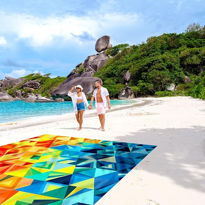 Colorful Beach Blanket Waterproof Sandproof, 78”x 86” Large Sand Free Beach Mat with Stakes & Portable Bag, Big Flodable Compact Outdoor Pockets Picnic Blanket for Festival, Camping - Triangle Blocks
