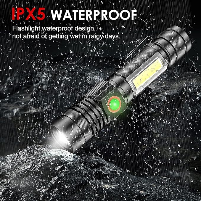Small Flashlight Rechargeable, Magnetic LED Flashlight, 1000 Lumens Super Bright Flashlight with COB Work Light, 4 Modes, Waterproof, Zoomable Pocket Tactical Flashlights for Camping Emergency 2 Pack