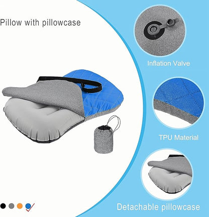 Portable Inflatable Neck Pillow for Outdoor Travel, Camping, Office Naps-Polyester + Washable Cotton-Color Available-Simple and Comfortable (Blue)