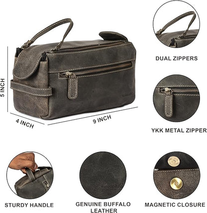 KomalC Premium Buffalo Leather Unisex Toiletry Bag Travel Dopp Kit