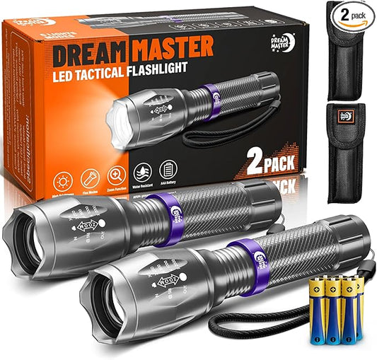 2 Pack LED Flashlights High Lumens with 6 AAA Batteries, 5 Modes Mini Waterproof Tactical Flashlight for Camping Hiking, Bright Flashlight with Zoomable, Fathers Day Dad Gifts for Him, Grey & Purple
