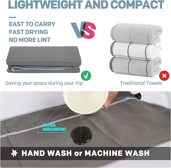 HOEAAS 2 Pack Microfiber Camping Towels, Quick Dry Towel, Super Absorbent Ultra Compact Travel Towel Soft Lightweight Sports Towel for Sweat Fast Drying Towels for Pool,Gym,Hiking,Backpacking,Fitness