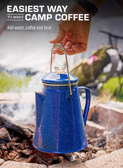 COLETTI Classic Percolator Coffee Pot & Enamel Mug Set — Camping Coffee Pot, Enamel Coffee Mug – Complete Nostalgic Bundle – German Imported Enamel Powder [Blue, 12 Cup] [12 oz, Set of 4]
