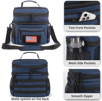 ATRIPACK Lunch Bag for Men, Double Deck Tactical Lunch Box Work with Shoulder Strap MOLLE Webbing Large Lunch Cooler Leakproof Insulated （Blue）