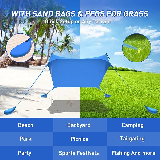 Beach Tent Pop Up Shade Canopy Sun Shelter UPF50+ with 2 Stability Poles/Carry Bag/Ground Pegs/Sand Shovel/Windproof Ropes Portable Outdoor Family Sunshade for Camping (Royal Blue,7×7FT)