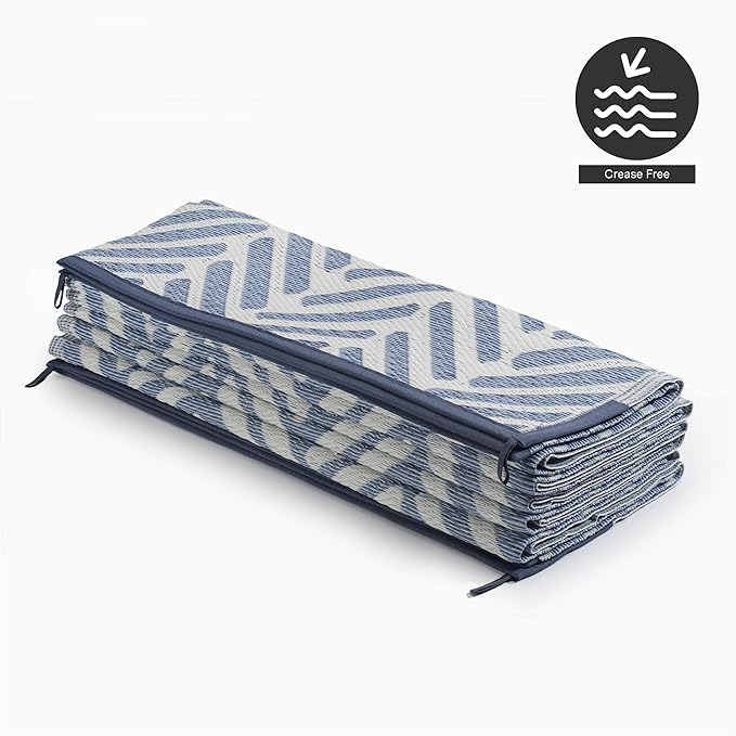 FH Home Outdoor Camping Rug - Waterproof, Fade Resistant, Reversible - Premium Recycled Plastic - Herringbone - Large Patio, Deck, Sunroom, RV - Fresno - Light Blue - 9 x 18 ft Foldable