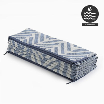 FH Home Outdoor Camping Rug - Waterproof, Fade Resistant, Reversible - Premium Recycled Plastic - Herringbone - Large Patio, Deck, Sunroom, RV - Fresno - Light Blue - 9 x 18 ft Foldable