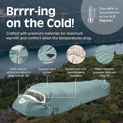Retrospec Dream Sleeping Bag - 5, 15, 30 Mummy for Camping, Insulated Cold Weather, Lightweight Stuff Sack, Water-Resistant, Adjustable Draw Cords, Adult