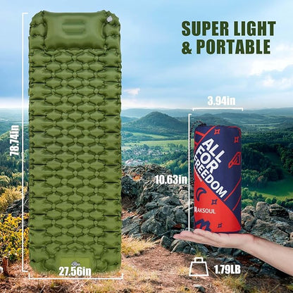 AKSOUL Sleeping Pad Camping Mat: Ultralight & Compact Self Inflating Air Mattress with Built-in Foot Pump, Connectable Lightweight with Pillow Inflatable Pad for Camping, Backpacking, Hiking