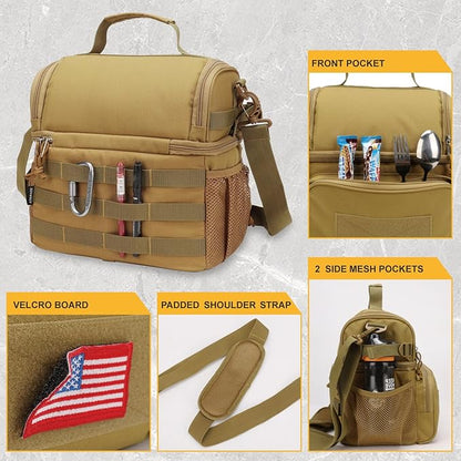 ATRIPACK 2 Compartment Lunch Bag for Men Adult, Tactical Lunch Box Leakproof Insulated Large Cooler Bag for Work with Adjustable Shoulder Strap Flag Double Layer Lunch Pail（Brown）