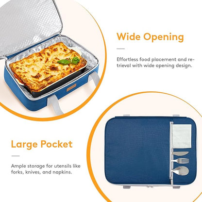 Double Decker Insulated Casserole Carrier for Hot or Cold Food, Lasagna Lugger Tote for Potluck Parties/Picnic/Cookouts, Fits 9"×13" Baking Dish, Pure Blue
