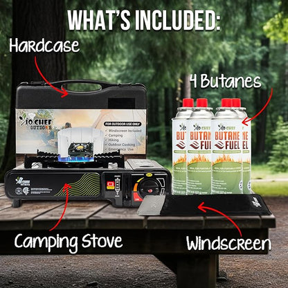 Jo Chef Butane Camping Stove - 9,500 BTU Portable Gas Stove - Ideal for Camping/Road Trips, Outdoor camp Stove Includes Windshield, CSA Certified, Brass Burner Fast Heat Up Time