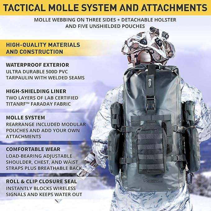 Mission Darkness Dry Shield Faraday Backpack 40L // Waterproof Tactical Bag with MOLLE Webbing and Removable Packs // Signal Blocking Anti-tracking Data Privacy EMP Shield for Electronics
