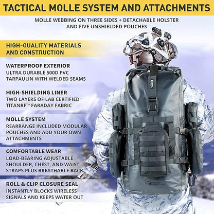 Mission Darkness Dry Shield Faraday Backpack 40L // Waterproof Tactical Bag with MOLLE Webbing and Removable Packs // Signal Blocking Anti-tracking Data Privacy EMP Shield for Electronics
