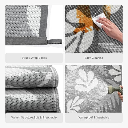 wikiwiki Outdoor Rug, 9x18ft Waterproof Reversible Mat Indoor Outdoor Rugs Carpet, Small Area Rug Plastic Straw Rug for Patio Deck Balcony Pool RV Camping Beach Picnic, Grey Leaves, Rugscape Series