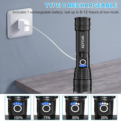 KEPEAK Flashlight, Rechargeable 5000 High Lumen Tactical Handheld Waterproof Zoomable LED Flashlight with 5 Light Modes for Emergency, Camping and Hiking