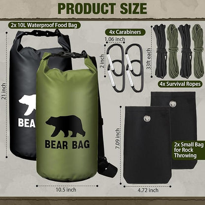 2 Sets Bear Food Bag for Camping Ultralight Food Bag Hanging System Includes 2 Pcs 10 L Waterproof Bear Bag Pulley System and 4 Pcs Nylon Ropes 4 Pcs Clips 2 Pcs Rock Pouch