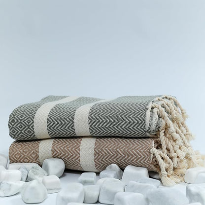 2 Set Oversized Turkish Bath Towel Sheets for Adults XXL Bathroom Extra Large Luxury Cotton Pool Peshtemal Washable Good Texture, Absorbency, Softness (Caramel Beige and Khaki Green)