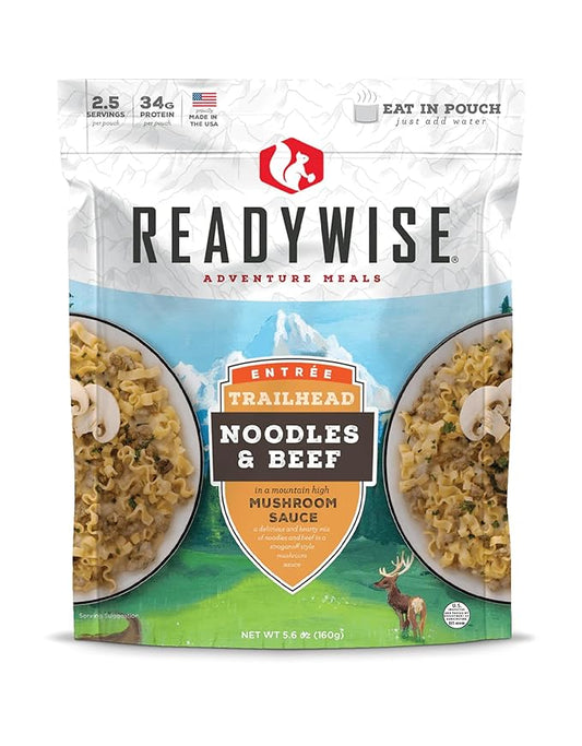 READYWISE - Adventure Meal, Noodles & Beef With Mushroom Sauce, 2 Servings, Pack of 1, Emergency Preparedness, Freeze Dried Food, MRE, Snack Pack or Emergency Food, Backpacking, Camping, Hiking, and,
