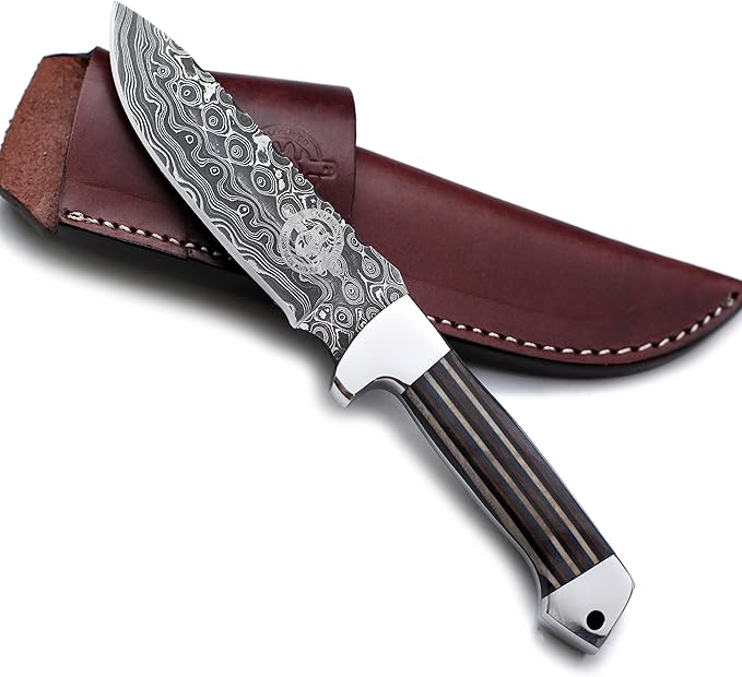 Handmade Damascus Steel Knife for Hunting,Survival,Camping,Bushcraft,and Fishing Fixed Blade with Drop Point-Full Tang Micarta Handle with Cowhide-Leather Sheath - WKD-798