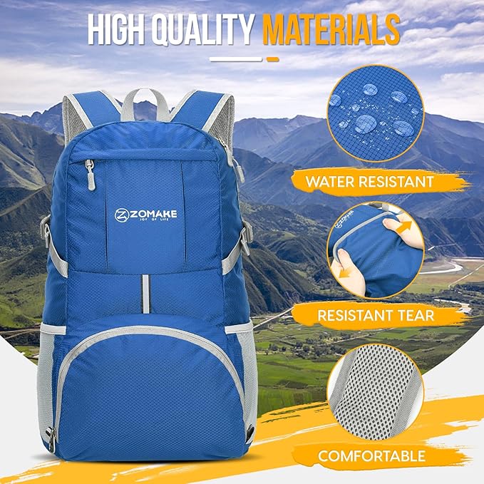 ZOMAKE Lightweight Packable Backpack 35L - Light Foldable Backpacks Water Resistant Collapsible Hiking Backpack - Compact Folding Day Pack for Travel Camping(Dark Blue)