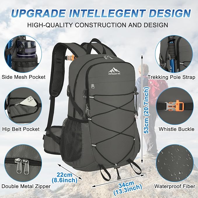 BKNOOU 40L Lightweight Hiking Backpack Packable Camping Backpack Waterproof Hiking Daypack Men Women Foldable Travel Daypack