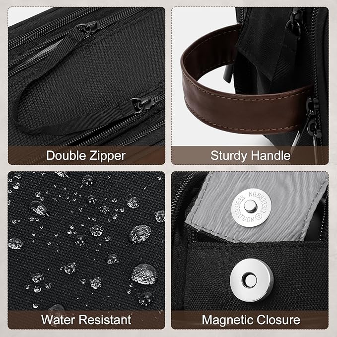 Wedama Toiletry Bag for Men, Medium Hanging Travel Toiletry Bag, Extra Electronic Organizer Bag Waterproof Travel Bag for Toiletries with PU Handle for Travel Business Trips Swim Camping, Black&Brown