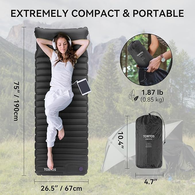TOBTOS Inflatable Sleeping Pad for Camping with Pillow, 4" Thick Camping Mat with Built-in Foot Pump, Compact Air Mattress for Camping, Hiking, Backpacking (Grey)